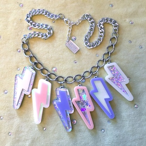 Pastel and silver Glitter Lightning Bolts Charm Necklace, Laser Cut Acrylic, Plastic Jewelry