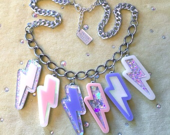Pastel and silver Glitter Lightning Bolts Charm Necklace, Laser Cut Acrylic, Plastic Jewelry