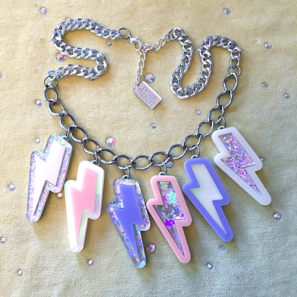 Pastel and silver Glitter Lightning Bolts Charm Necklace, Laser Cut Acrylic, Plastic Jewelry