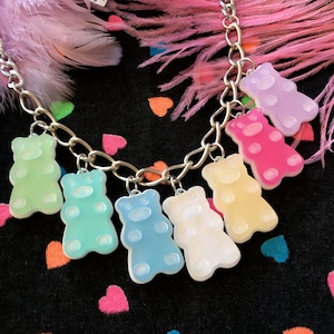 Pastel Rainbow Gummy Bear Candy Food Charm Necklace, Laser Cut Acrylic, Plastic Jewelry