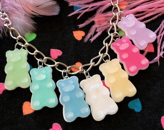 Pastel Rainbow Gummy Bear Candy Food Charm Necklace, Laser Cut Acrylic, Plastic Jewelry