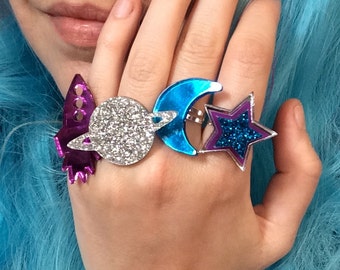 Galaxy Ring Set, Moon, Star, Planet & Rocket, Laser Cut Acrylic, Plastic Jewelry