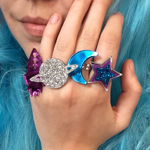Galaxy Ring Set, Moon, Star, Planet & Rocket, Laser Cut Acrylic, Plastic Jewelry