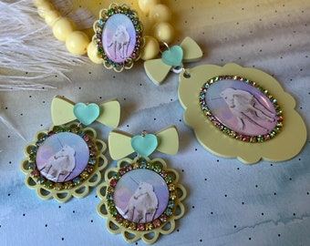 Cameo set or pieces, laser cut plastic costume Jewelry, necklace, earrings, ring Pastel Unicorn