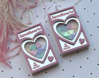 Conversation Heart Box Earrings, Valentine's Day, Laser Cut Acrylic, Plastic Jewelry