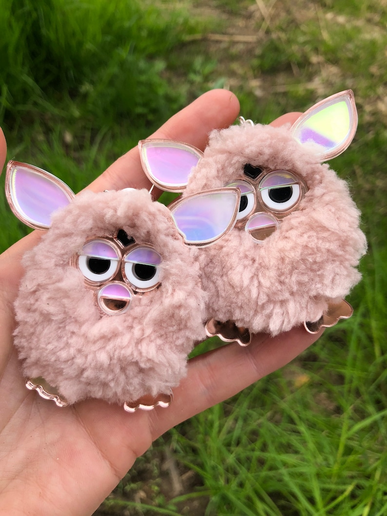 Rose Pink Furry Furby Earrings, Laser Cut Acrylic, Plastic Jewelry image 2