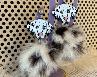 Dalmatian Puppy Dog, Fur Furry Puff Pom pom Earring, Laser Cut, Plastic Jewelry