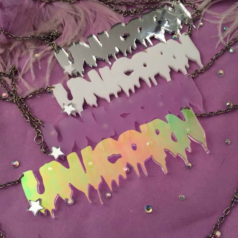 UNICORN Drippy Font Acrylic Necklace in White, Lilac, Silver, or Radiant image 1