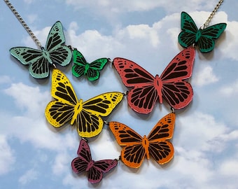 Mirrored Rainbow Butterfly Statement Necklace, Laser Cut Acrylic, Plastic Jewelry