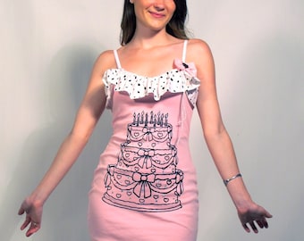 Pink and White Screen Printed Birthday Cake Dress with Ruffle MADE TO ORDER
