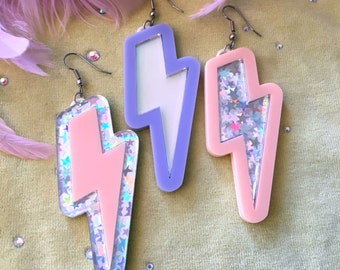 Pastel and Silver Glitter Lightning Bolts Laser Cut Arcylic Earrings
