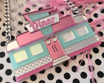 Retro Diner Seafoam and Mirrored Pink Necklace, Laser Cut Acrylic, Plastic Jewelry