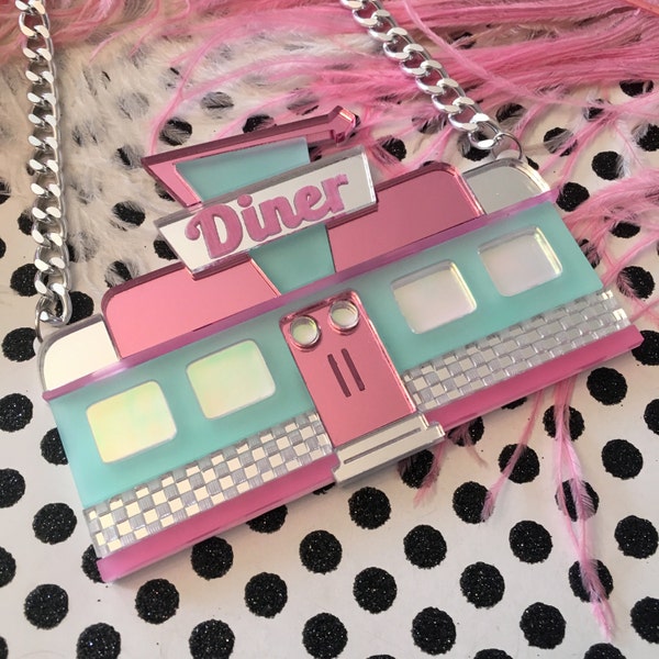 Retro Diner Seafoam and Mirrored Pink Necklace, Laser Cut Acrylic, Plastic Jewelry