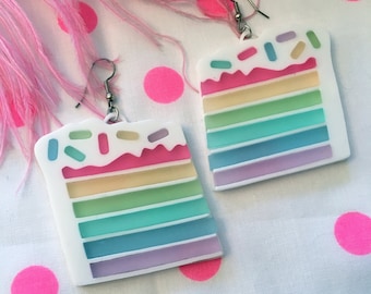 Pastel Rainbow Layered Cake Slice and Sprinkles Earrings, Laser Cut Acrylic, Plastic Jewelry