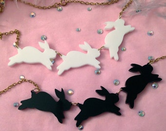 Opaque Acrylic Bouncing Bunnies Necklace in Black or White