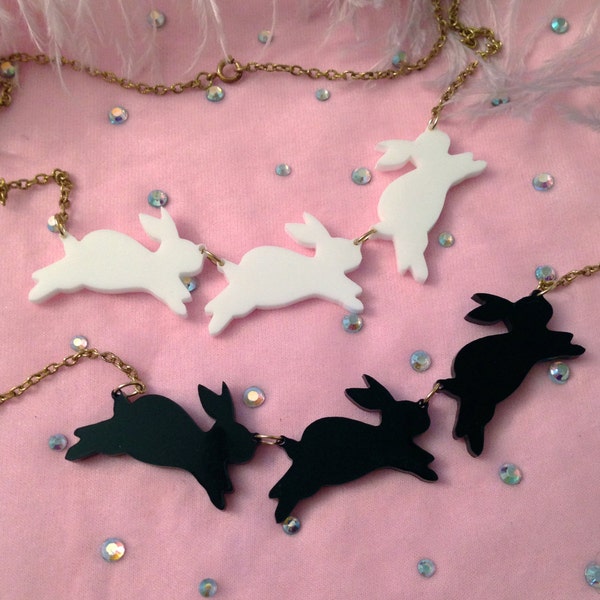 Opaque Acrylic Bouncing Bunnies Necklace in Black or White