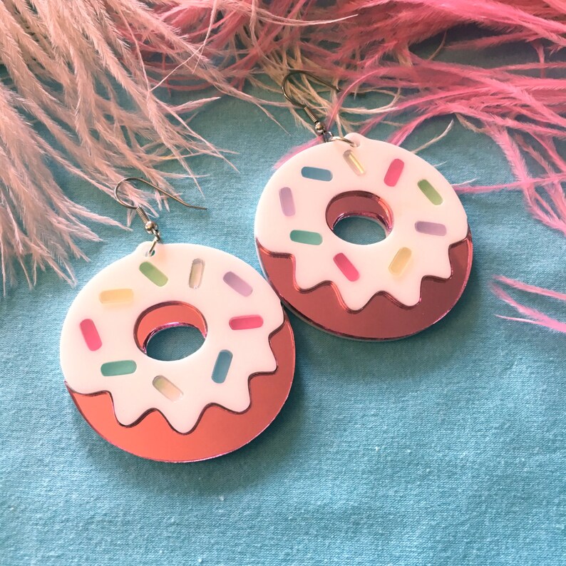 Pink Mirrored and Pastel Sprinkles Doughnuts Laser cut Acrylic Earrings image 3