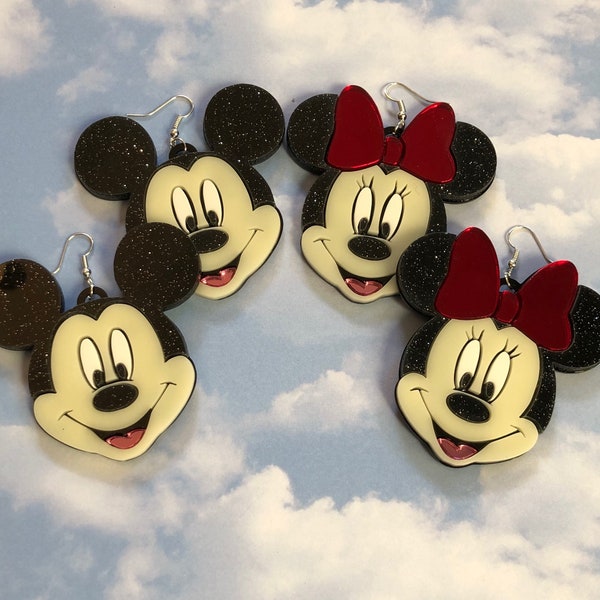 Mickey and Minnie Earrings, Laser Cut Acrylic, Plastic Jewelry