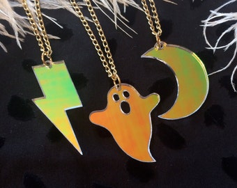 Radiant Moon, Ghost, or Lightning Bolt Simple Charm Necklace, Laser Cut Acrylic, Plastic Jewelry