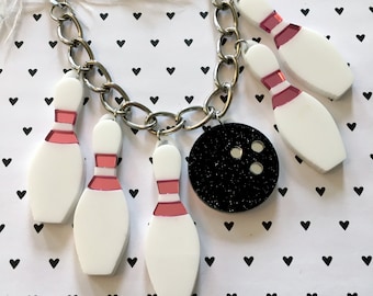 Bowling Pins and Ball Charm Necklace