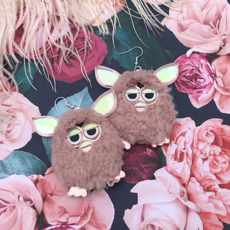Rose Pink Furry Furby Earrings, Laser Cut Acrylic, Plastic Jewelry image 4