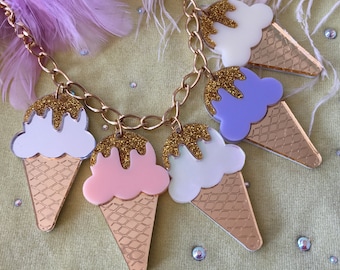 Pastel Ice Cream Cone Laser Cut Arcylic Charm Necklace