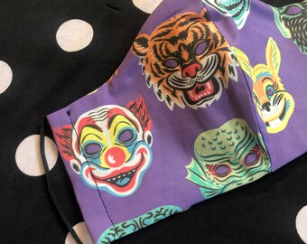 Halloween print Fabric Face Mask, Purple Costume Masks Animal Clown, Cotton, Reusable/Washable, Filter Pocket, Adjustable Wire