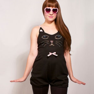 Black Rhinestone Cat Face Playsuit MADE TO ORDER image 1