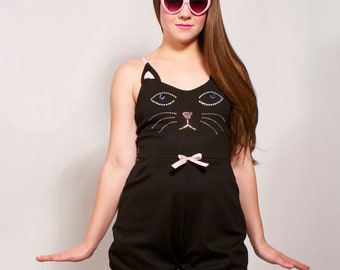 Black Rhinestone Cat Face Playsuit MADE TO ORDER