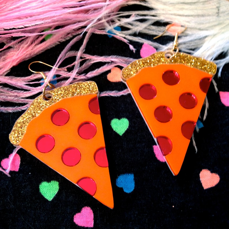 Pizza with Glitter Crust Large Food Earrings, Laser Cut Acrylic, Plastic Jewelry image 1