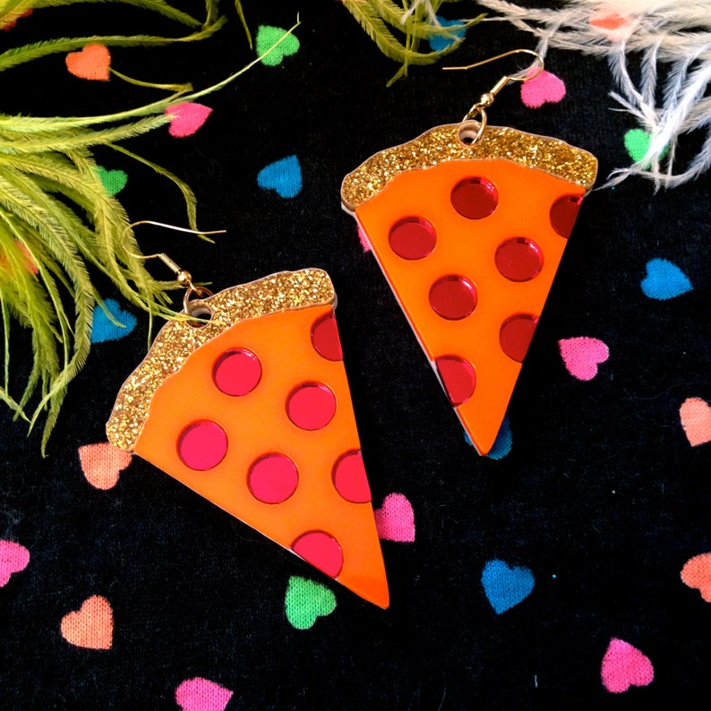 Pizza with Glitter Crust Large Food Earrings, Laser Cut Acrylic, Plastic Jewelry image 4