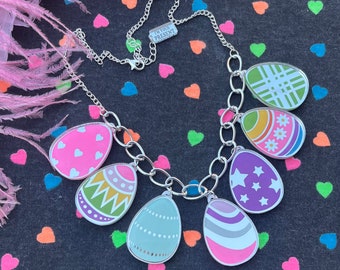 Pastel Colorful Easter Eggs Necklace, Laser Cut Acrylic, Plastic Jewelry