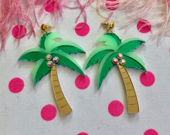 Mirrored Palm Tree Earrings with Rhinestones, Laser cut Acrylic, Plastic Jewelry