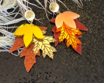Autumn Fall Leaves Earrings, Laser Cut Acrylic, Plastic Jewelry