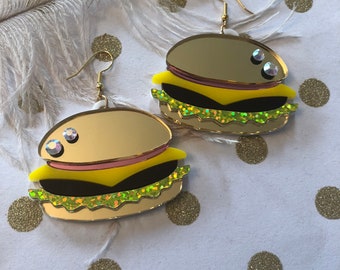 Hamburger Burger Large Food Earrings, Laser Cut Acrylic, Plastic Jewelry