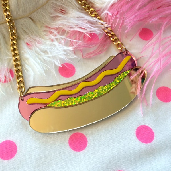 Hot Dog Laser Cut Acrylic Food Necklace, Laser Cut Acrylic, Plastic Jewelry