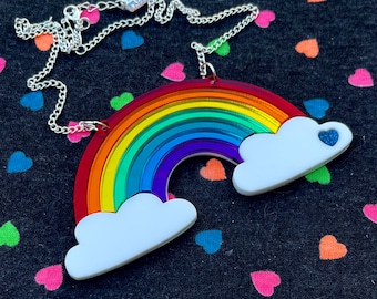 Mirrored Bright Colors Rainbow Acrylic Necklace with Clouds, Laser Cut Acrylic, Plastic Jewelry