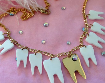 Sweet Tooth Necklace, Teeth, Gold tooth, Laser Cut Acrylic, Plastic Jewelry