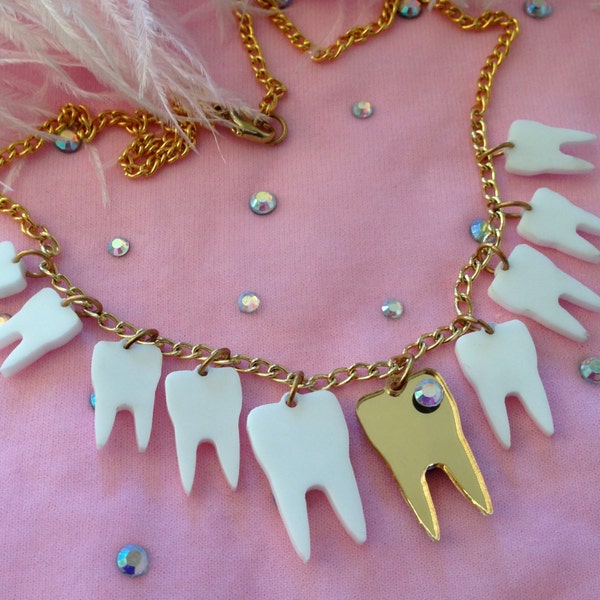 Sweet Tooth Necklace, Teeth, Gold tooth, Laser Cut Acrylic, Plastic Jewelry