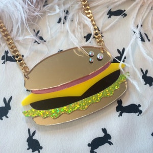 Hamburger Acrylic Large Food Necklace, Laser Cut Acrylic, Plastic Jewelry