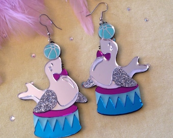 Circus Seal with Ball Earrings, Glitter Mirrored, Laser Cut Acrylic, Plastic Jewelry