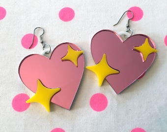 Sparkly Heart Emoji Earrings, Laser Cut Acrylic, Plastic Jewelry