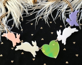 Pastel Bunny Love Necklace, Laser Cut Acrylic, Plastic Jewelry