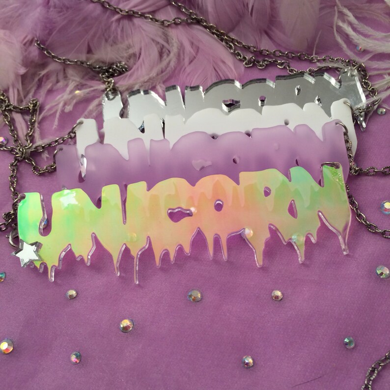 UNICORN Drippy Font Acrylic Necklace in White, Lilac, Silver, or Radiant image 2