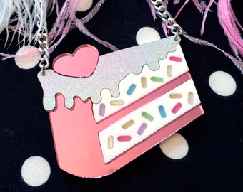 Funfetti Slice of Cake Acrylic Necklace, Laser Cut Acrylic, Plastic Jewelry