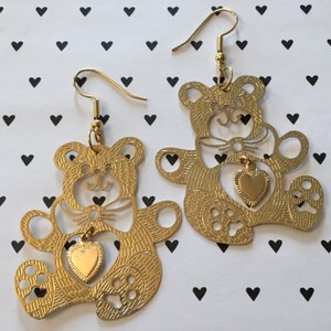 Teddy Bear Earrings, Vintage Gold Filigree