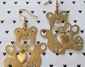 Teddy Bear Earrings, Vintage Gold Filigree