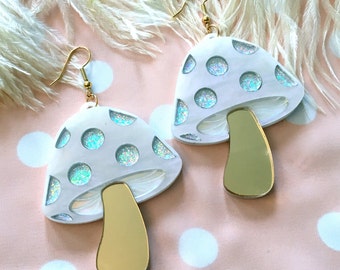 Pearly Gold and Glitter Mushroom Laser Cut Earrings