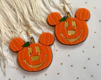 Mickey Mouse Jack O Lantern Pumpkin Earrings, Laser Cut Acrylic, Costume Halloween Jewelry