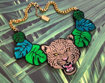 Leopard Black and Copper Gold and Jungle Leaves Necklace, Laser Cut Acrylic, Plastic Jewelry
